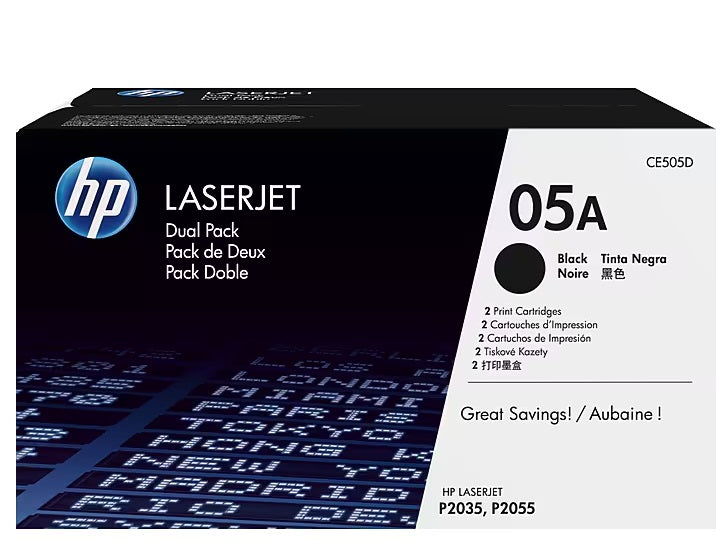 HP 05A Black Standard Yield Toner Cartridge, 2/Pack (CE505D)