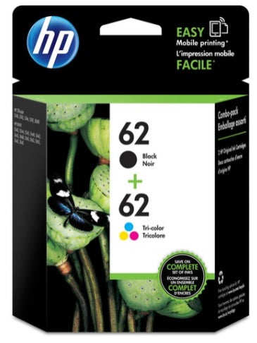 HP 62 (N9H64FN), Original Standard Yield Ink Cartridges, Black/Tri-color, 2 Cartridges/Pack