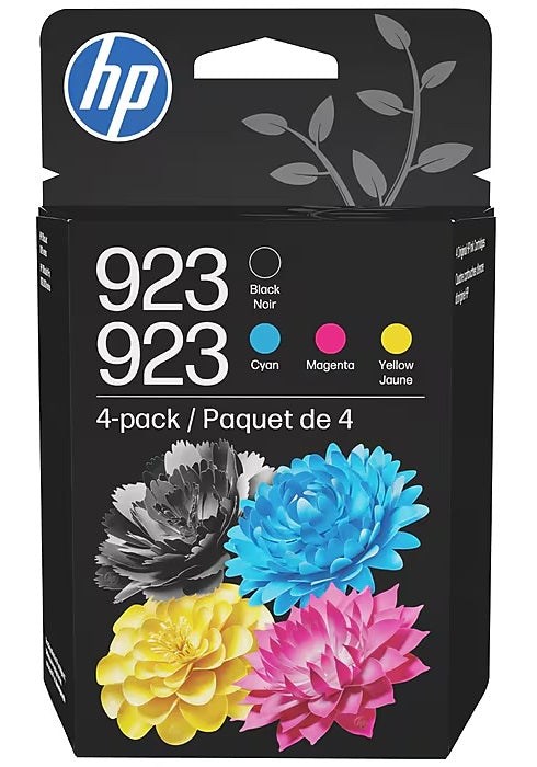 HP 923 Black/Cyan/Magenta/Yellow Standard Yield Ink Cartridges, 4/Pack (6C3Y6LN)