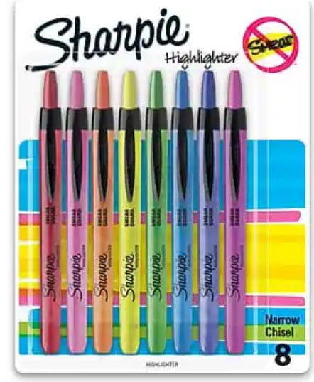 Sharpie - Retractable Highlighter, Chisel Tip, 8/Pack - Assorted